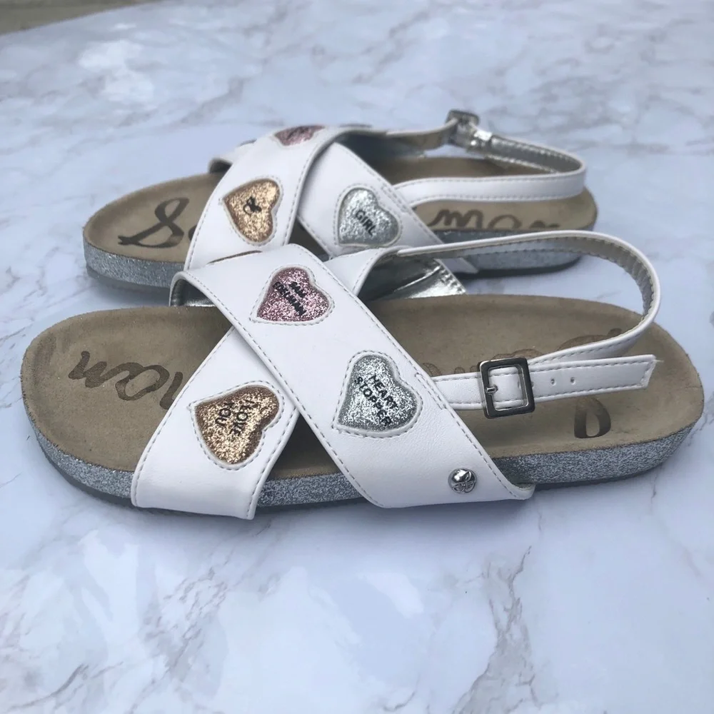 Sam Edelman girl’s Bethel Kandi white heart crisscross sandal shoes size 3